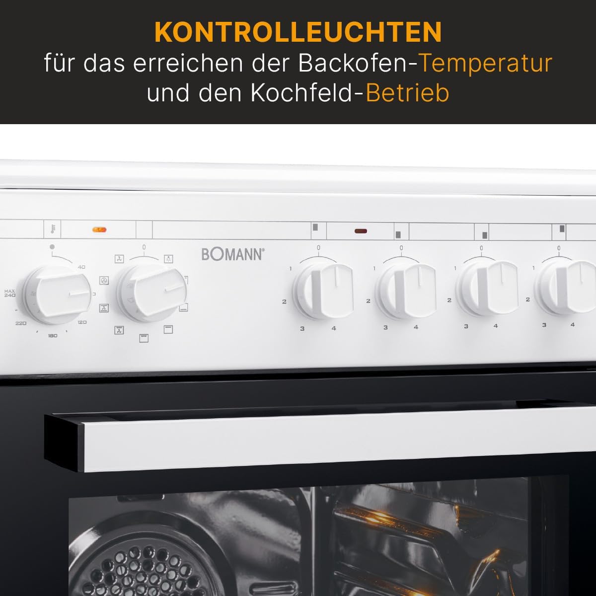 Bomann® Backofen 50cm mit Herd | Elektroherd freistehend 50 cm mit 4 Kochplatten | Standherd mit Ofen 43L | Ober-/Unterhitze | 40°C-240°C | inkl. Blech & Grillrost | Elektroherd mit Kochfeld EHC 7939