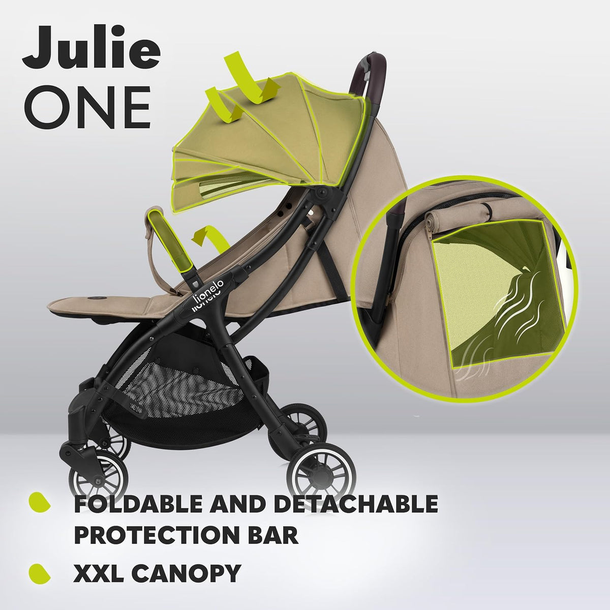 LIONELO Julie One Buggy Kinderwagen bis 22 kg, verstellbare Rückenlehne und Fußstütze, Moskitonetz, Beinwärmer, Getränkehalter und Transporttasche, zusammenklappbar