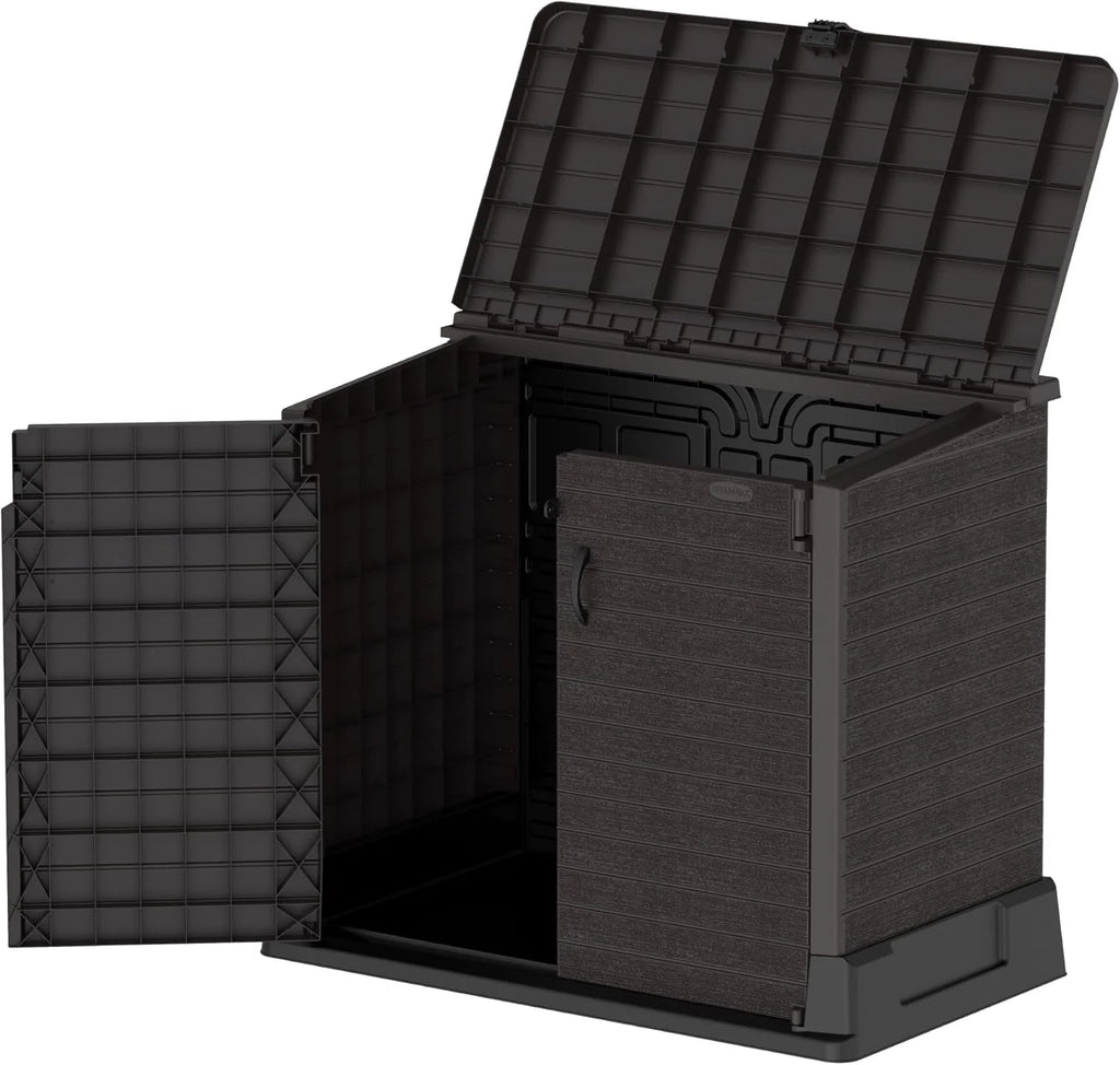 Duramax StoreAway 1200L Plastic Garden Shed/ Flat Lid, Outdoor Storage Shed, Wheelie Bin Hideaways, Wheelie bin box, Durable Construction, Ideal for Bikes, BBQs & 2x 240L Bins, 145x85x125 cm, Brown