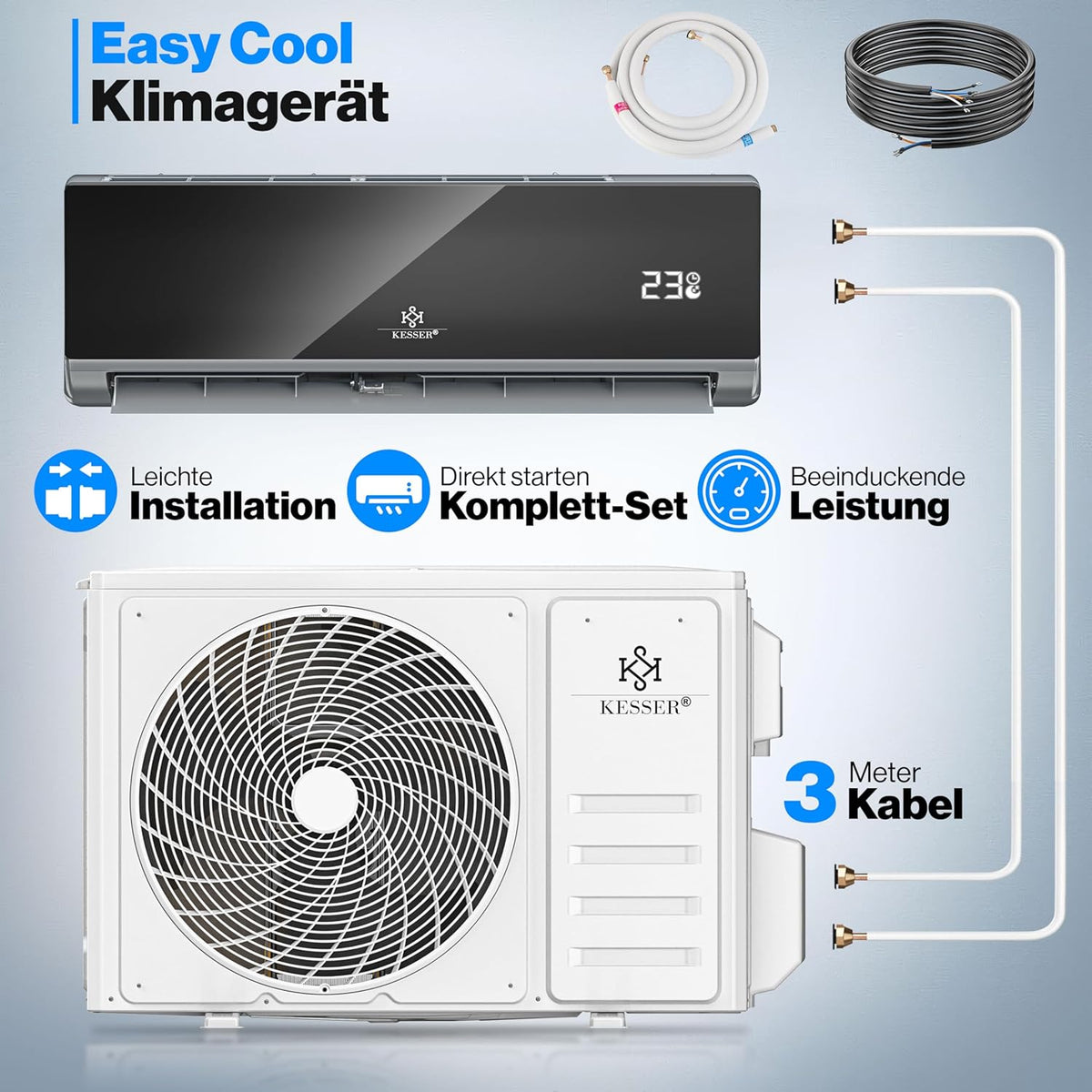 KESSER® Klimaanlage Set Split - mit WiFi/App Funktion Klimagerät - Kühlen A++/ Heizen A+ - 9000 BTU/h (2.600 Watt) Kältemittel R32 - Fernbedienung, Timerfunktion - Inkl. komplettem Montagematerial