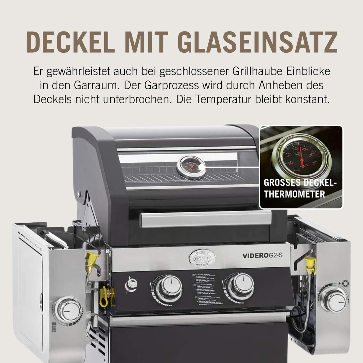 RÖSLE Elektrogrill BBQ-Portable Videro E2-P, tragbarer Tischgrill mit 2 Brennern, Warmhalterost und Deckel mit Glaseinsatz, pulverbeschichteter Stahl, schwarz/silbern
