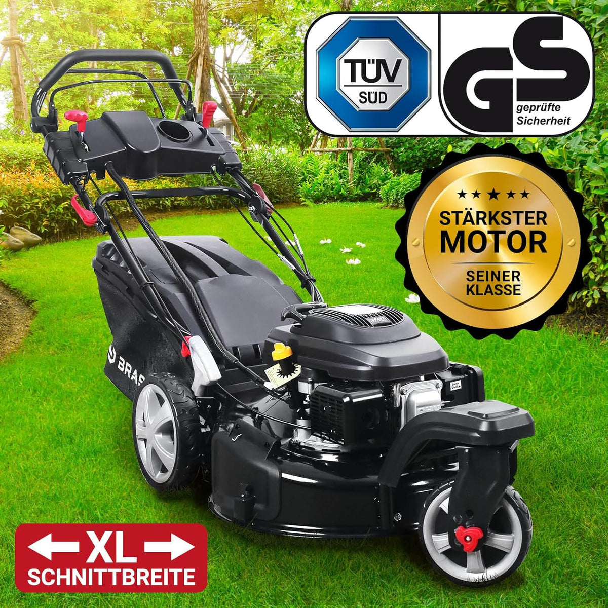BRAST® Benzin Rasenmäher Trike mit Antrieb | 5,2kW(7PS) | 53cm Schnittbreite | viele Modelle | TÜV | 4 Takt OHV Motor | 30-80mm Schnitthöhe | 60L Fangkorb | Stahlgehäuse | Speed