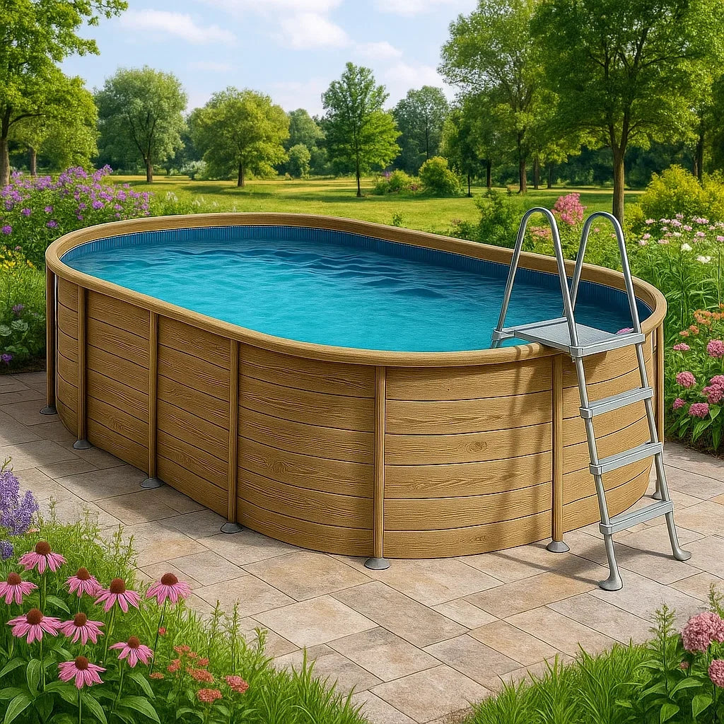 Piscine tubulaire ovale bois clair/bleu 468x275x102 cm avec échelle et filtre à cartouche zHKckBA119yj