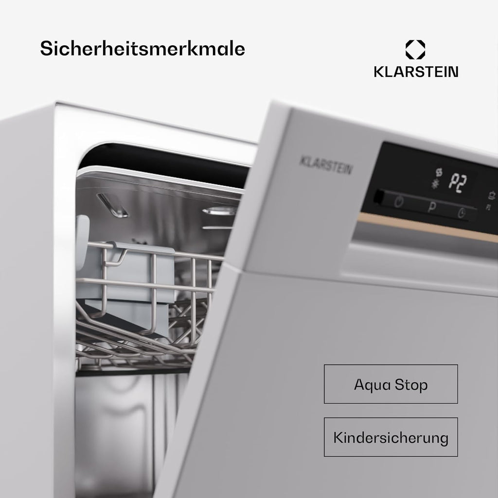 Klarstein  ia 8 - Spülmaschine, Geschirrspüler, Freistehend, Teilintegriert, F, 55 cm breit, 8 Maßgedecke, 6 Programme, Aquastop, silber