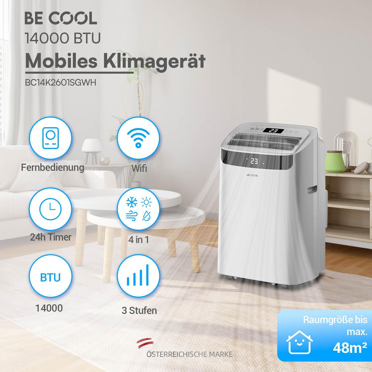 BE COOL mobiles Klimagerät 14000 BTU mit Heizung & WLAN, 4 in 1 Klimaanlage mit Entfeuchter und Ventilator, für Räume bis 48 m², Fernbedienung, Timer, Alexa & Google Assistant, grau