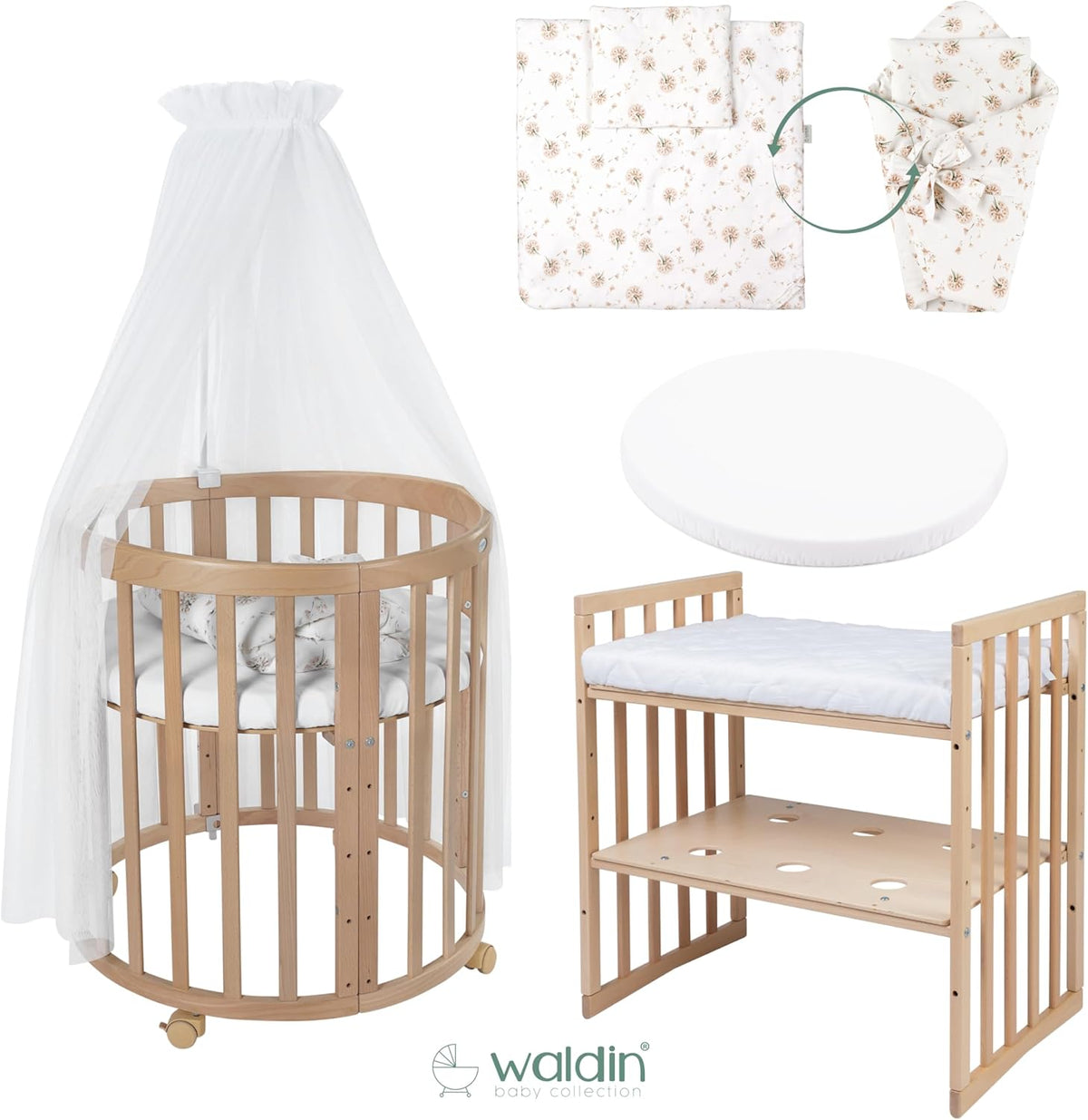 Waldin Oval Baby-Bett Mitwachsend Komplett Set 7in1, Gitterbett, Kinderbett mit Matratze, Wickelkommode, Beistellbett, Holz Weiß