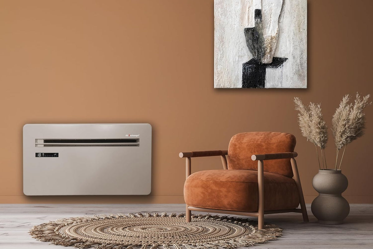 AirExchange - Wand-Monoblock-Klimaanlage-Wärmepumpe-INVERTER, 4-in-1 Klimaanlage ohne Außengerät, Heizen, Kühlen, Entfeuchten, Reinigen, 12.000 BTU, bis 80 m², R290, WEIß