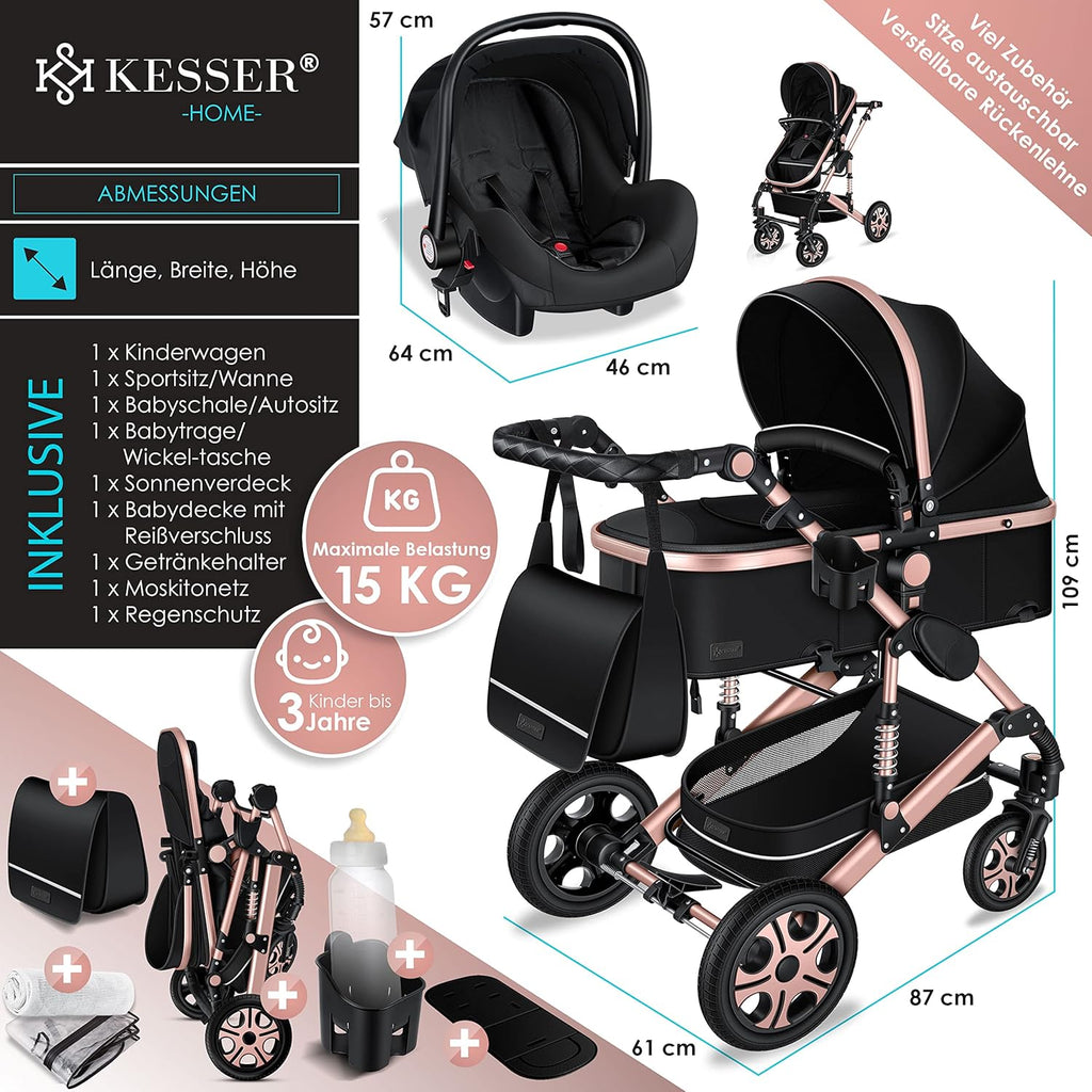 KESSER Loops 3 in 1 Kinderwagen Kombikinderwagen Komplett-Set inkl. Babywanne & Buggy Sportsitz & Auto-Babyschale Voll-Gummireifen Wickeltasche Regenschutz Kindertisch ECE R129, Schwarz/Champagne