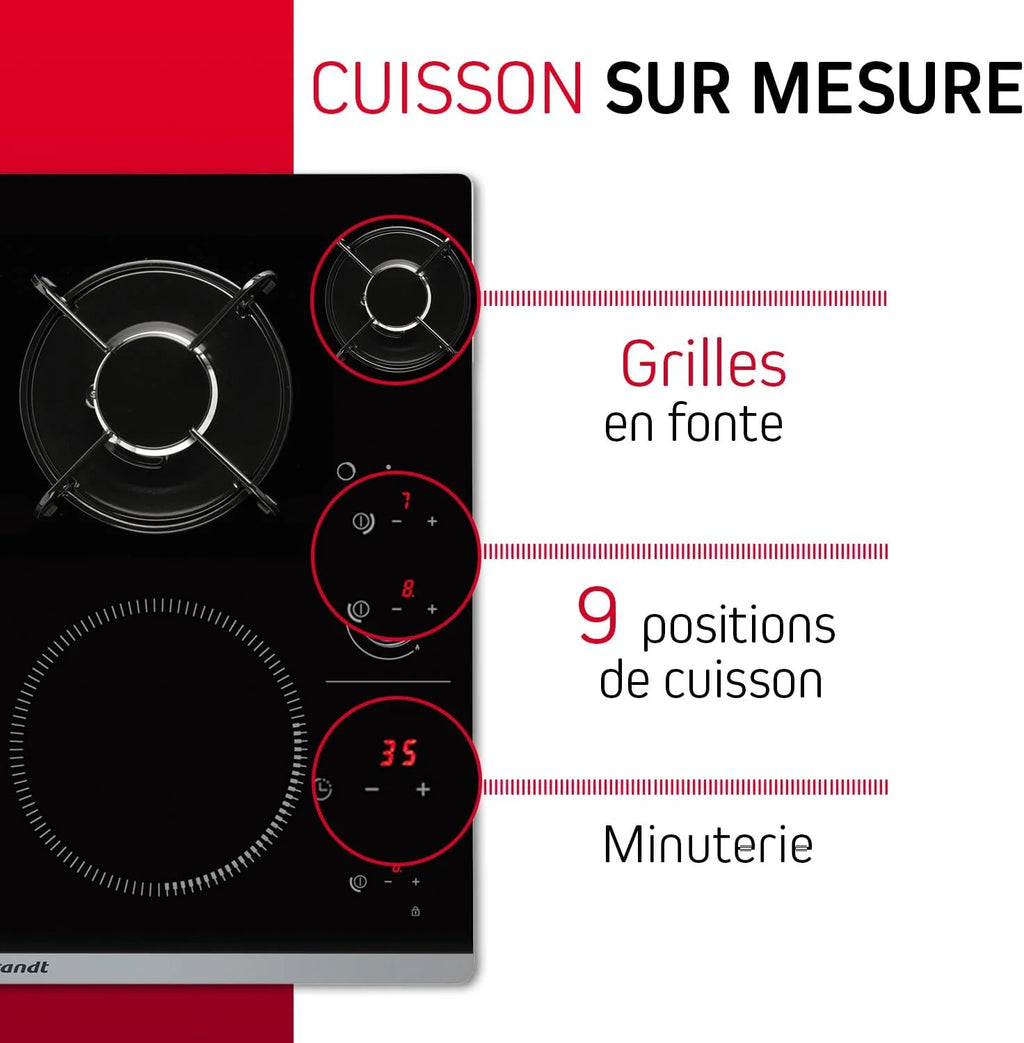 Brandt - BPI6413BM - Plaque Induction et Gaz - Table de Cuisson - Noir - 4 Foyers - 3400W Electrique et 4600 Gaz - Dimensions Encastrement : 56x49cm - 9 Positions par Foyer - Fabriqué en France