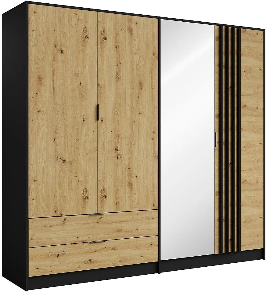 Vente-unique - Armoire 4 Portes et 2 tiroirs - avec Miroir - L220 cm - Coloris : Noir et Naturel - TUNALO