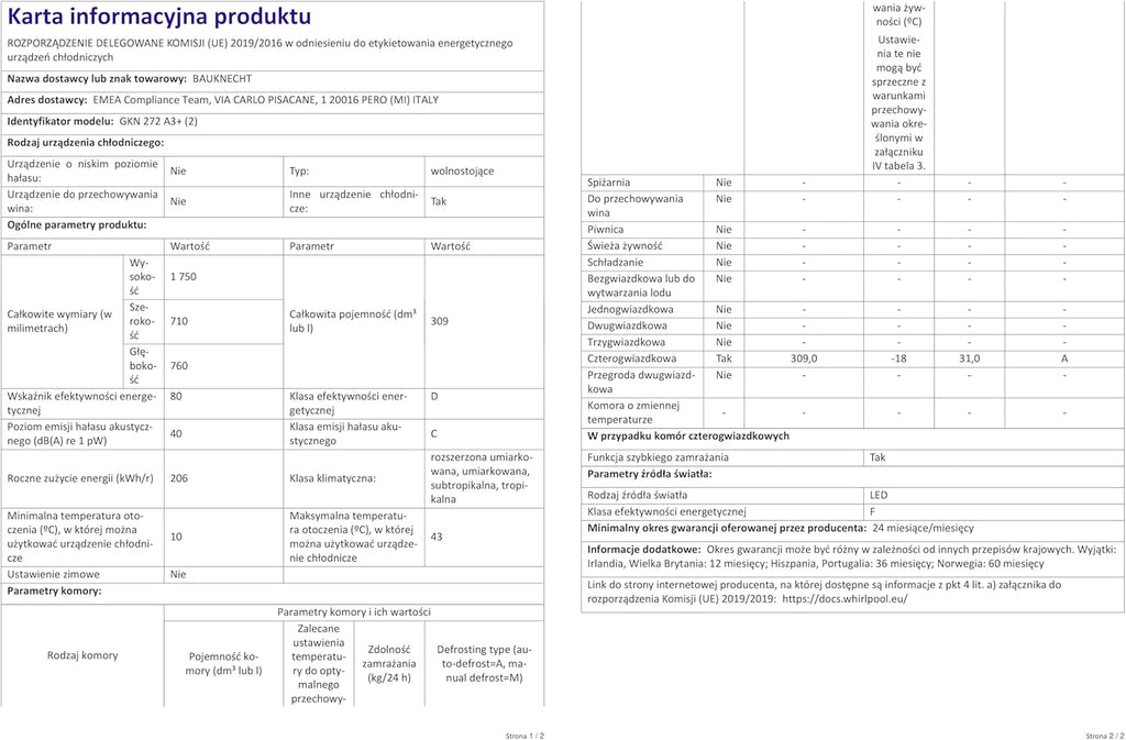 Bauknecht GKN 272 A3+ Gefrierschrank / 309 L Gesamtnutzinhalt / NoFrost / EasyOpen Ventil / Innenbeleuchtung / Elektronische Steuerung mit innenliegendem Bedienfeld, Weiß