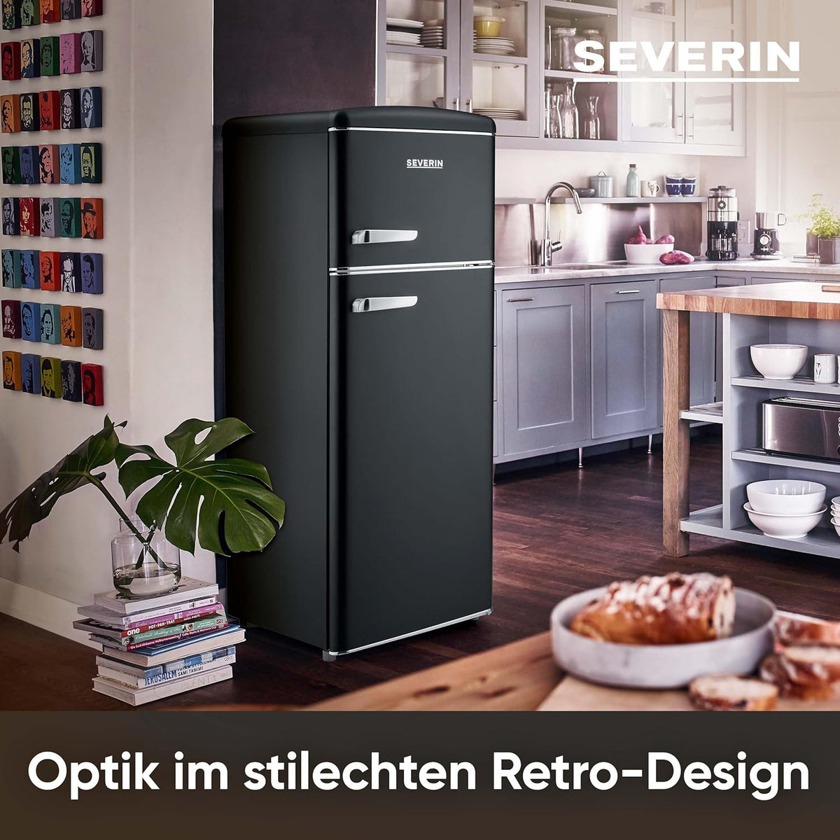 SEVERIN Retro - Kühl-/ Gefrierkombination, platzsparendes Raumwunder, 4 x höhenverstellbare Abstellflächen und eine große Veggiebox, 206 L Nutzinhalt, creme, RKG 8933