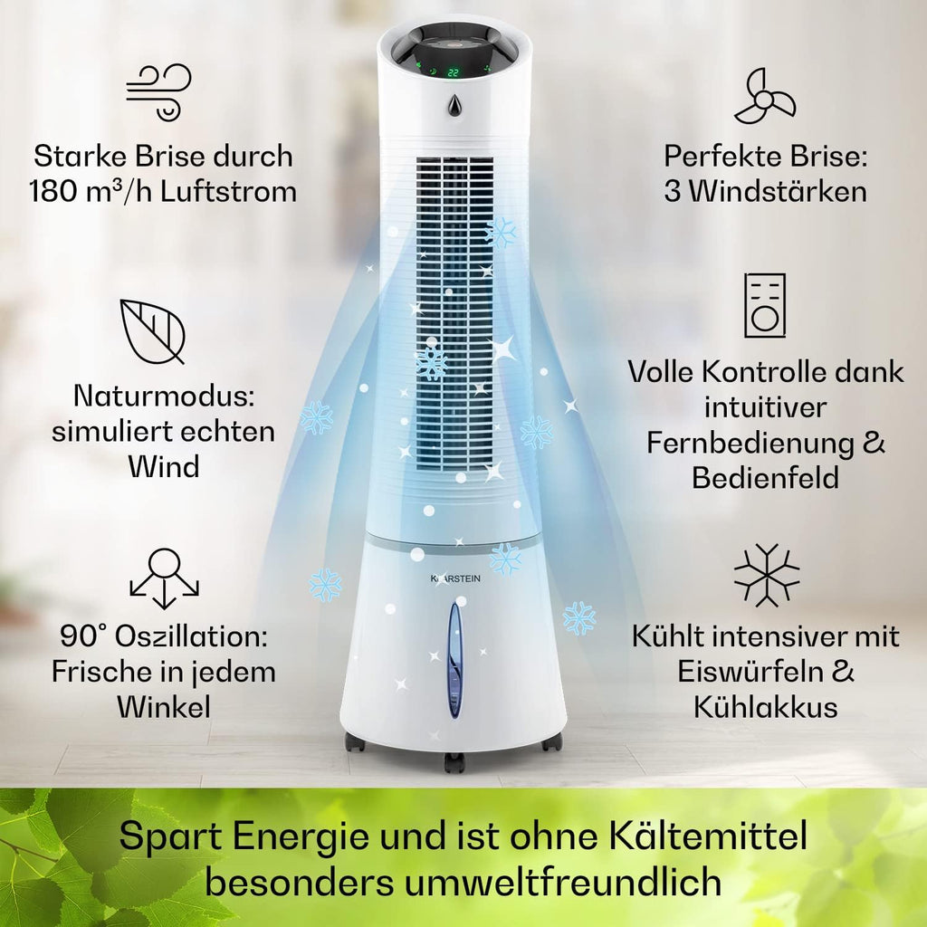Klarstein 4-in-1: Smart Luftkühler, Ventilator, Luftbefeuchter & Ionisation I 6 L Wassertank, Oszillation, 30 W, 210 m³/h, Timer I Klimagerät ohne Abluftschlauch, Mobiles Klimagerät, Schwarz-Rosegold