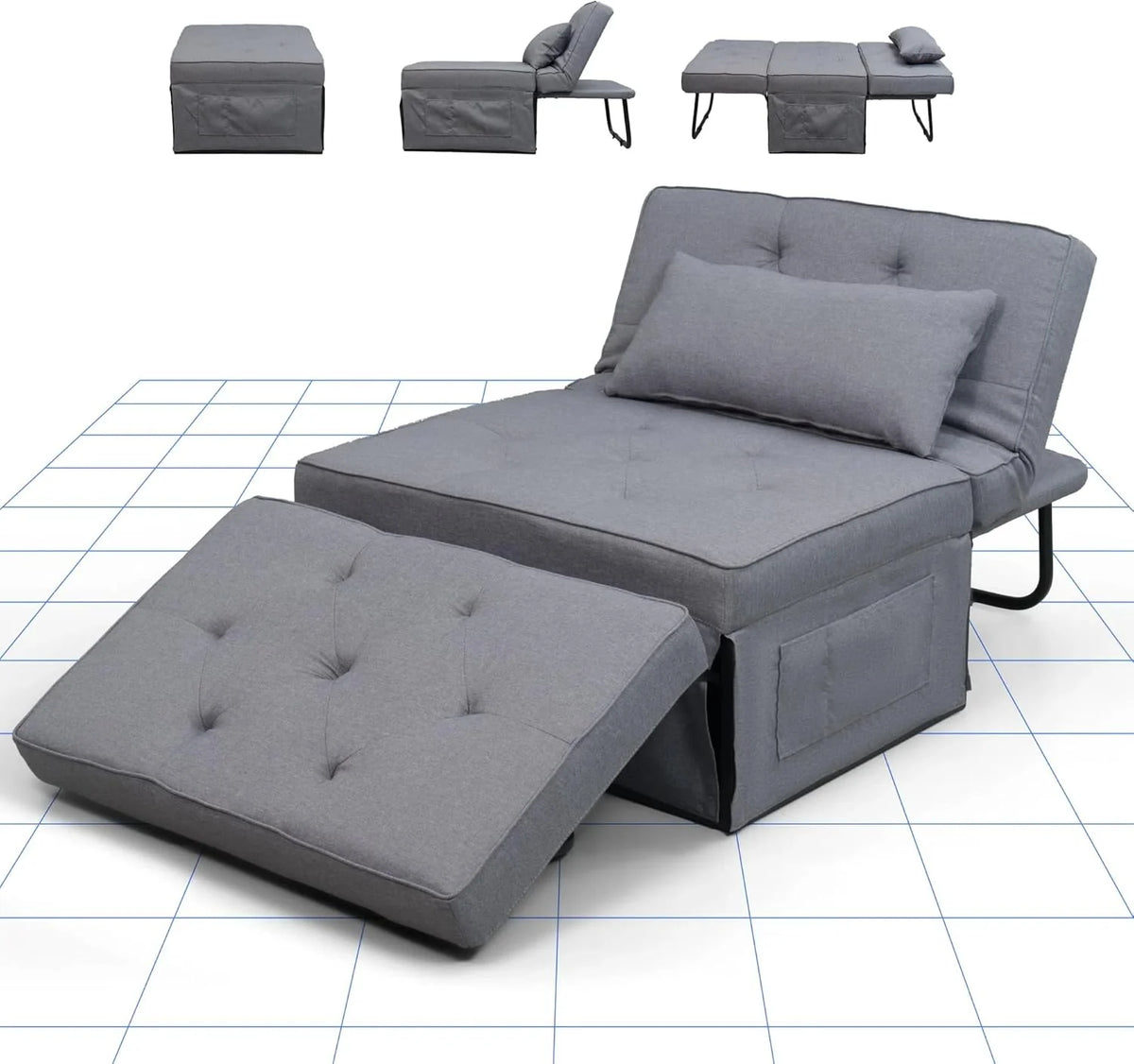 FLEXISPOT Sofa Bed Extendable Folding Sleeping Chair with Bed Function, Chair Beds with Function, Convertible Bed Chair, Load Capacity 300 kg, Grey