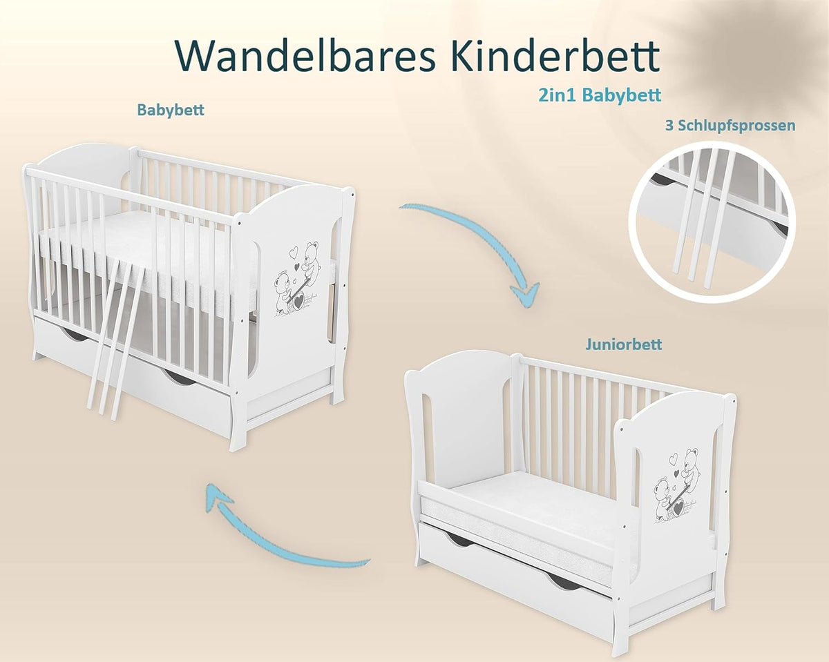 Baby Delux Babybett 60x120 weiß Kinderbett umbaubar zum Juniorbett Schublade Matratze Teddy Wippe Motiv