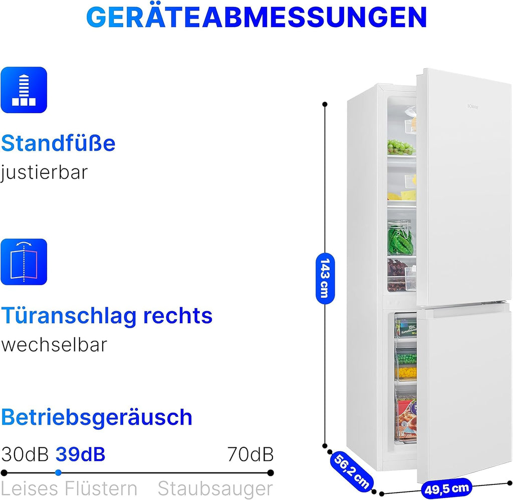 Bomann® Kühlschrank mit Gefrierfach 143cm hoch | Kühl Gefrierkombination 175L mit 3 Ablagen & 3 Schubladen | Türanschlag wechselbar | leise Kühlgefrierkombi 39db | Kühlschrank KG 322.1 inox-look