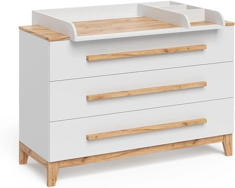 Table à Langer Malia, Blanc/Artisan, 133.2x98cm avec 3 tiroirs
