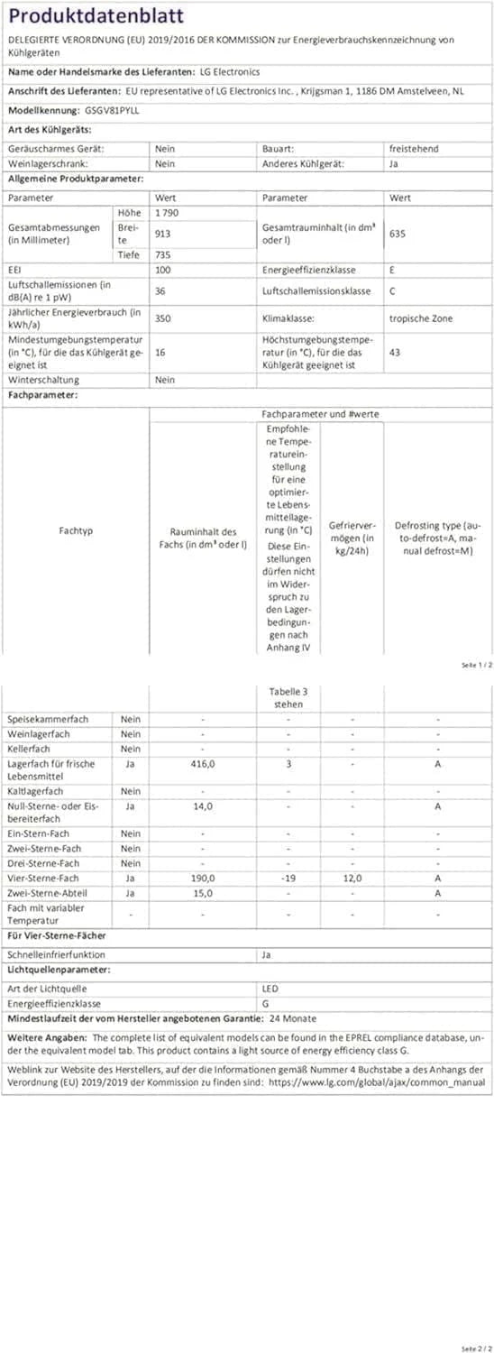 LG GSGV81PYLL Side by Side Kühlschrank, Klasse E, 635 L, Instaview, Kühlschrank mit Gefrierfach, Eis-, Crushed Ice- Wasserspender, Total NoFrost, Smart Inverter Kompressor, Wi-Fi