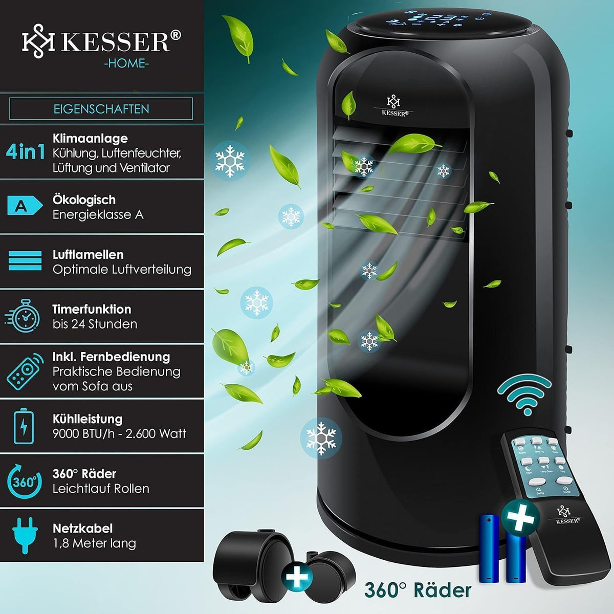KESSER® Klimaanlage Mobil Klimagerät Sky Tower 4in1 kühlen, Luftentfeuchter, lüften, Ventilator - 9000 BTU/h (2.600 Watt) 2,7KW - Klima, Fernbedienung und Timer, Nachtmodus (EEK: D), Schwarz