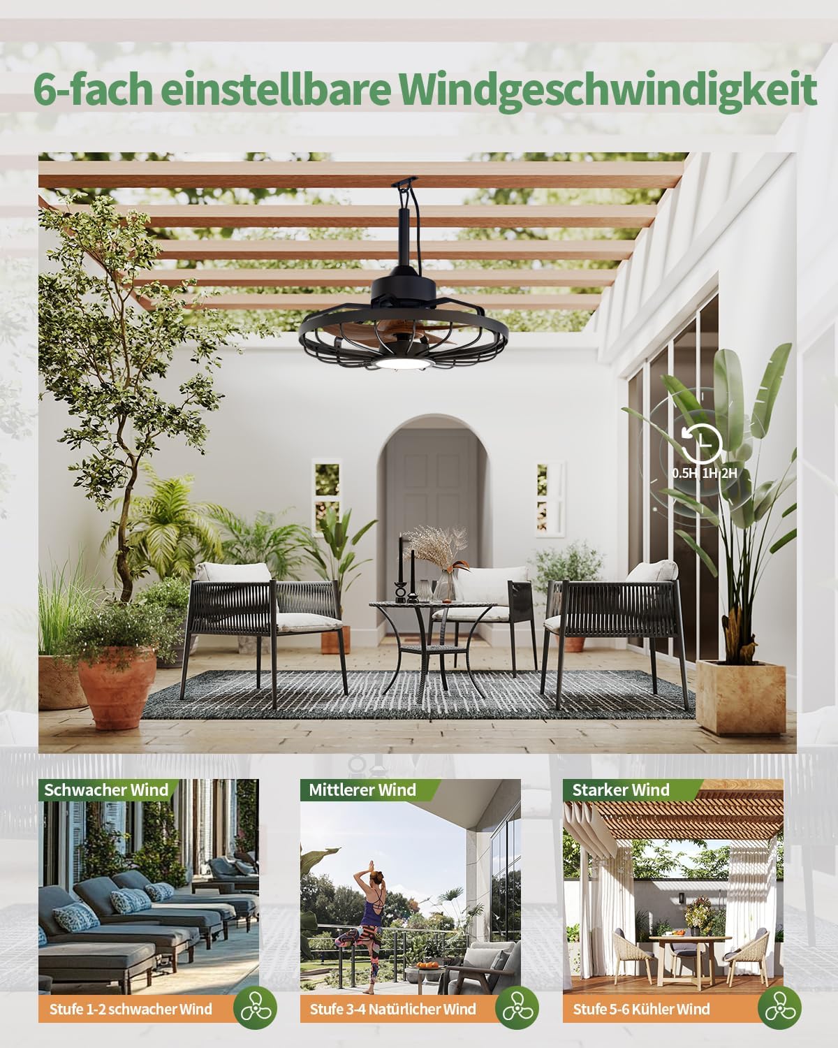 Deckenventilatorleuchte für den Außenbereich, Außenlicht mit Ventilator, IP44 Wasserdicht, 6 Lüftungsgeschwindigkeiten, mühelose Lichtdimmung, für Terrassen, Pergolen, Wohnzimmer, Esszimmer