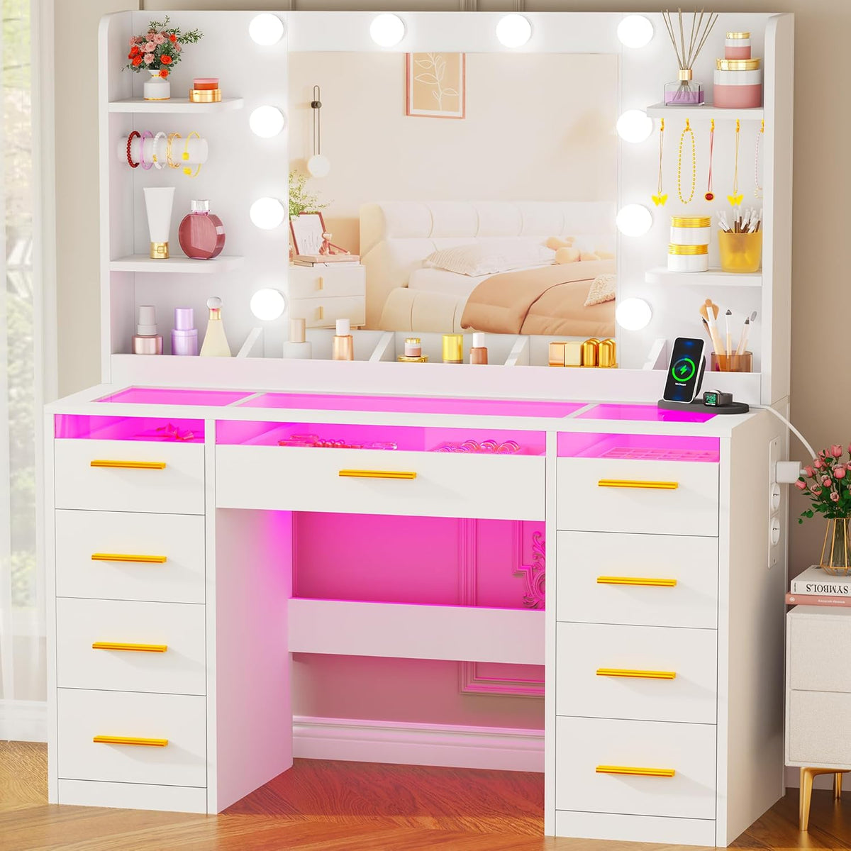 ANWBROAD Schminktisch mit Spiegel und Verstellbaren LED-Beleuchtung 3 Farben Transparente Glasplatte Große Schminktisch mit Steckdose 9 RGB-Schubladen 4 Ablagen weiß BDT95W