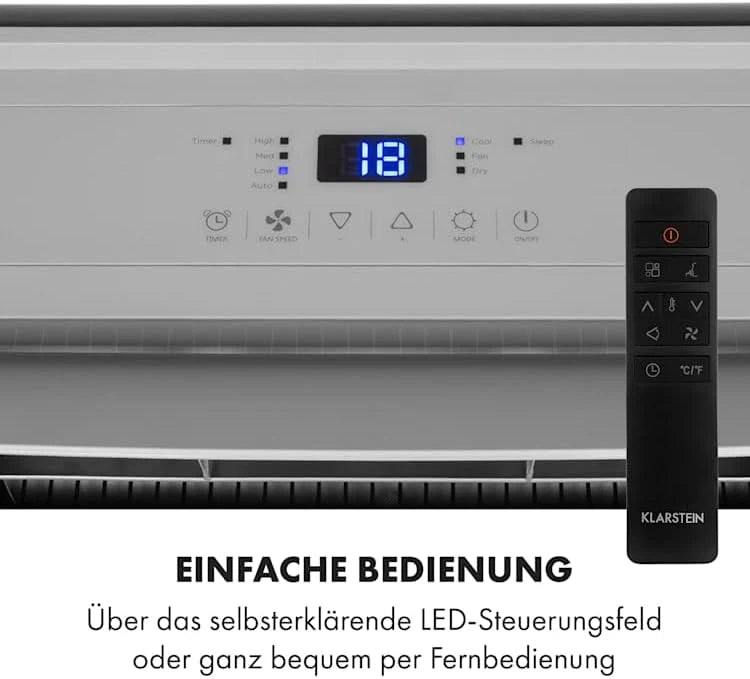 Klarstein Mobile Klimaanlage mit Abluftschlauch, 4-in-1 Klimagerät, Ventilator, Luftentfeuchter & Nachtmodus, Kleine & Portable Klimaanlage für Wohnung & Büro, Niedriger Verbrauch, 14000BTU