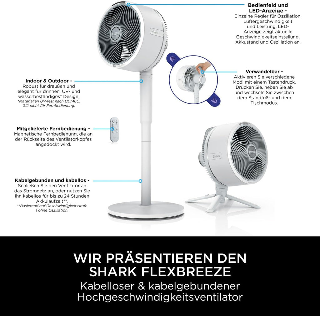 Shark FlexBreeze Ventilator Leise, Hybrid Ventilator Kabelgebunden & Kabellos, Tragbar, für Innen- und Außenbereich, UV- & Wasserbeständig, Ultraleistungsstark, Ultraleise, Weiß FA220EU