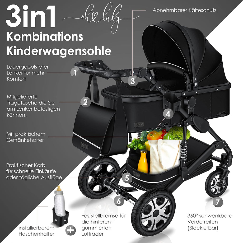 KESSER® Loops 3 in 1 Kinderwagen Kombikinderwagen Komplett-Set inkl. Babywanne & Buggy Sportsitz & Auto-Babyschale Voll-Gummireifen Wickeltasche Regenschutz Kindertisch ECE R129, Schwarz/Schwarz