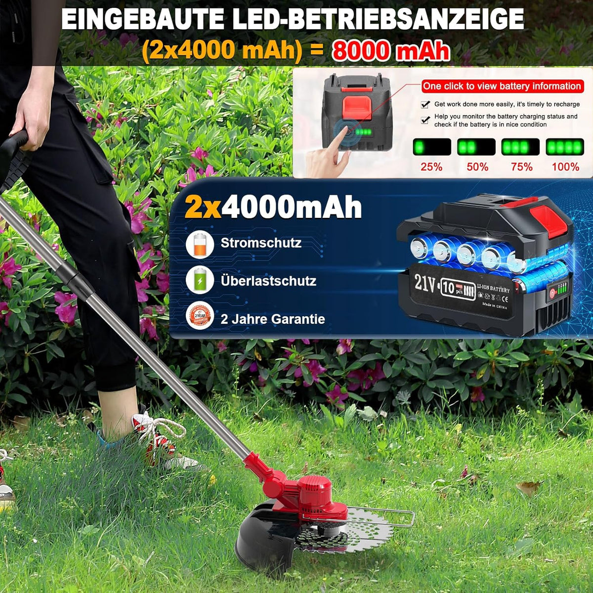 SHJICH Rasentrimmer mit Akku, 4-in-1 Multifunktion akku rasentrimmer für Makita Akku, 8000mAh freischneider mit unkrautbürste, 21V Akku Freischneider, 100~145cm Teleskop-Stiel, für Garden Trimmen