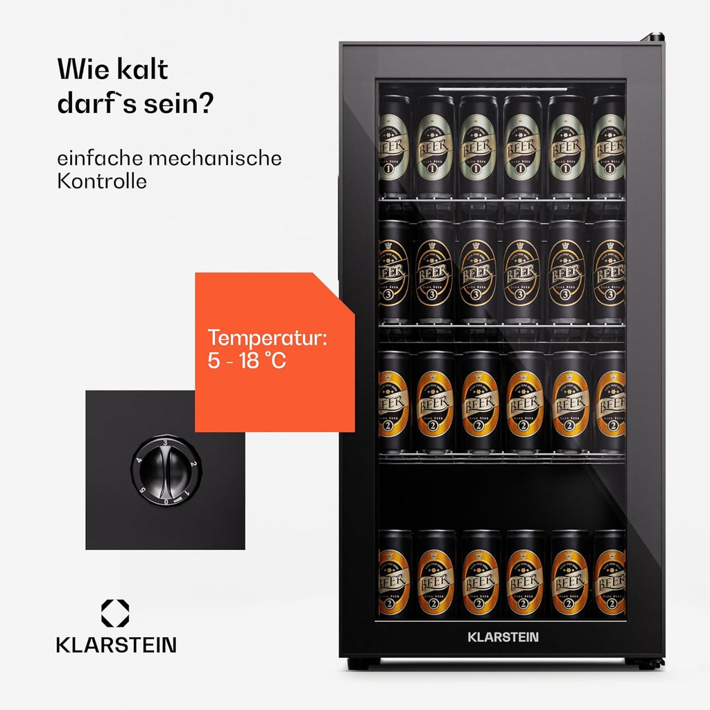 Klarstein Mini Kühlschrank mit Glastür für Zimmer, Getrnkekühlschrank mit Verstellbaren Ablagen, Kleiner 80 Liter, Indoor/Outdoor Kühlschrank Leise