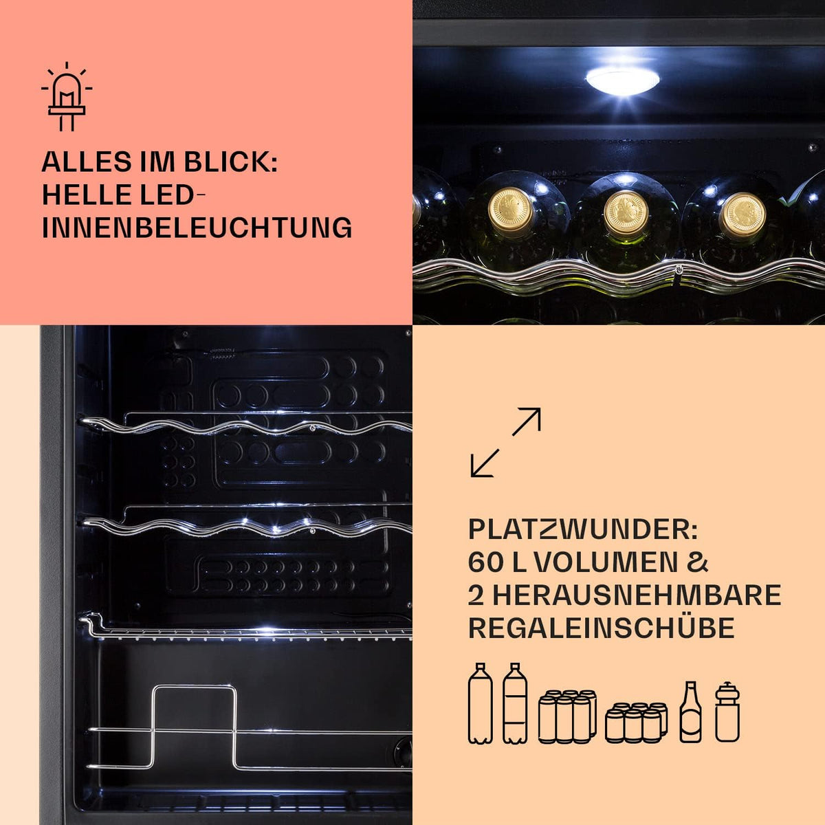 Klarstein Mini Kühlschrank mit Glastür für Zimmer, Getrnkekühlschrank mit Verstellbaren Ablagen, Kleiner 80 Liter, Indoor/Outdoor Kühlschrank Leise
