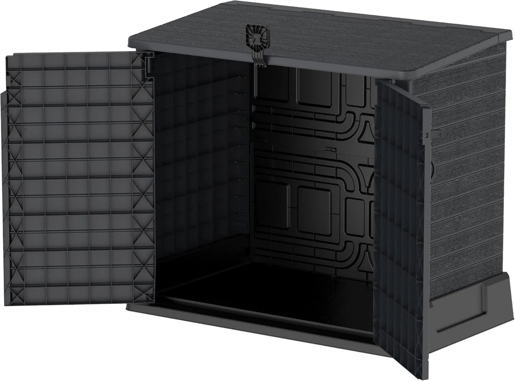 Duramax StoreAway 1200L Plastic Garden Shed/ Flat Lid, Outdoor Storage Shed, Wheelie Bin Hideaways, Wheelie bin box, Durable Construction, Ideal for Bikes, BBQs & 2x 240L Bins, 145x85x125 cm, Brown