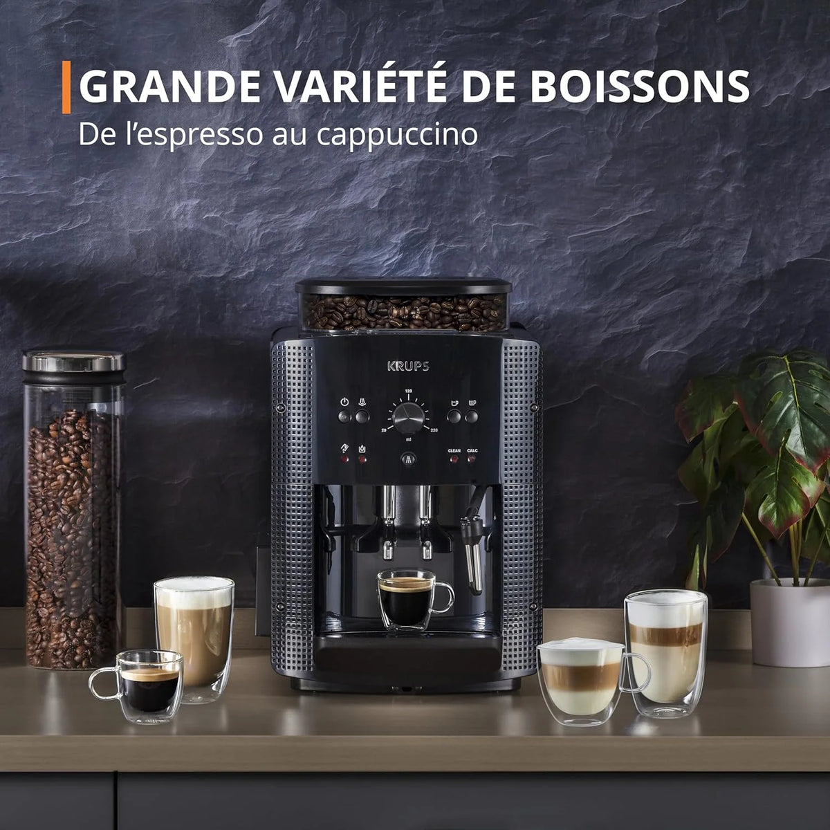 Krups Machine à café grain, 1,7 L, 2 tasses en simultané, Nettoyage automatique, Buse vapeur pour Cappuccino, Cafetière espresso, Essential noire YY8125FD, Noir