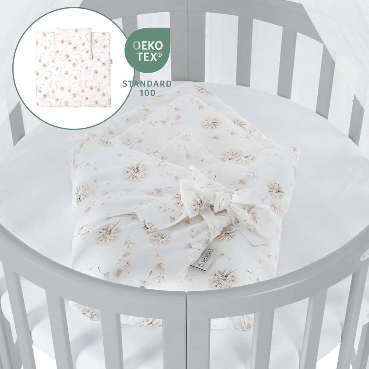 Waldin Oval Baby-Bett Mitwachsend Komplett Set 7in1, Gitterbett, Kinderbett mit Matratze, Wickelkommode, Beistellbett, Holz Weiß