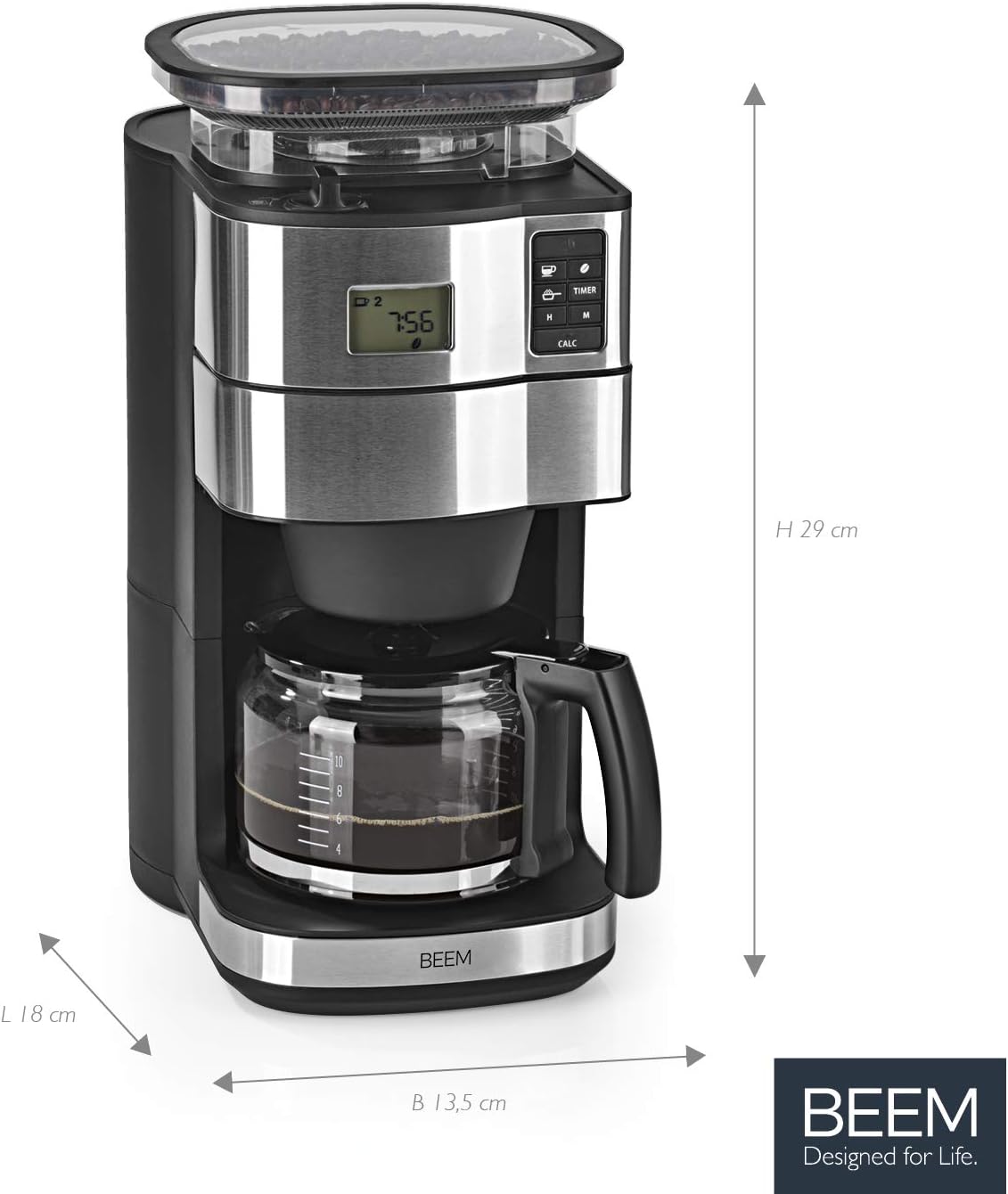 BEEM FRESH-AROMA-PERFECT II Filterkaffeemaschine mit Mahlwerk - Thermo | Edelstahl | Thermokanne | 24h-Timer | 1000 W | 180 g Bohnenbehälter