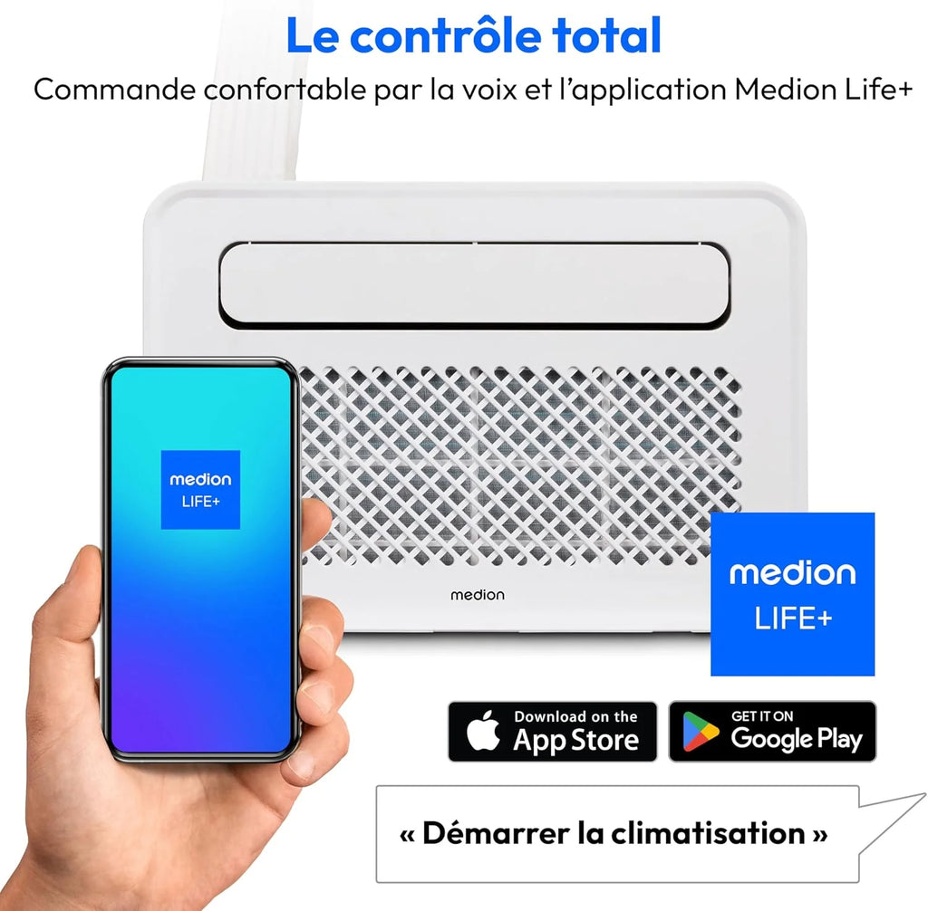 MEDION Smart Climatiseur Split P502 (5000 BTU, 3-en-1, Refroidir, Déshumidification, Ventilation, pour caravane, camping-car, kit de joint de fenêtre, mode sommeil, contrôle Wifi, Écran, MD 37735)