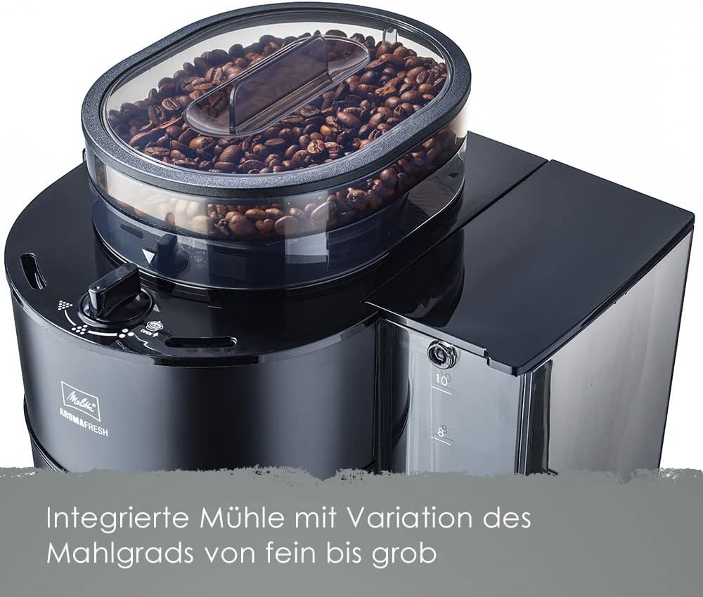 Melitta AromaFresh - Filterkaffeemaschine - mit Glaskanne - integriertes Mahlwerk - Timer Funktion - 10 Tassen - Pure Black