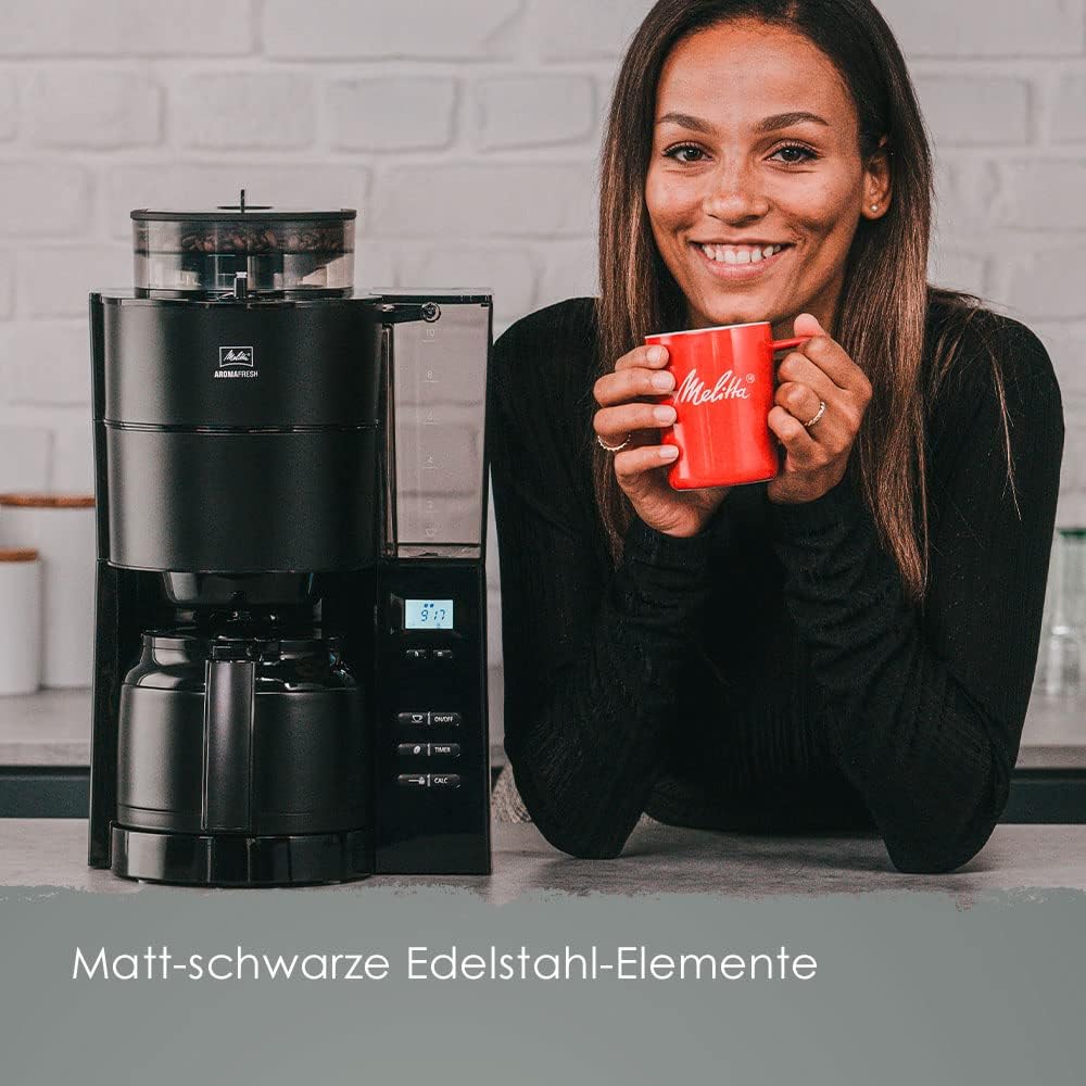 Melitta AromaFresh - Filterkaffeemaschine - mit Glaskanne - integriertes Mahlwerk - Timer Funktion - 10 Tassen - Pure Black