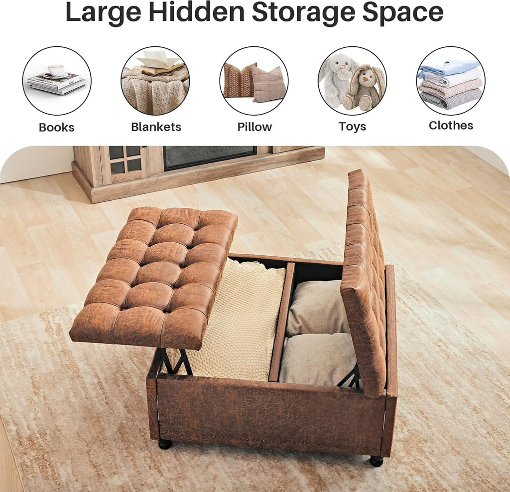 Redlife Puff Almacenaje, Mesa de Café con Ottoman de Almacenamiento, 89.9 cm Gran reposapies Salon, Ottoman Tapizado con Almacenamiento para Sala de Estar (marrón)